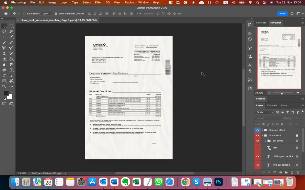 The Bank Statement PSD template file opened in Adobe Photoshop