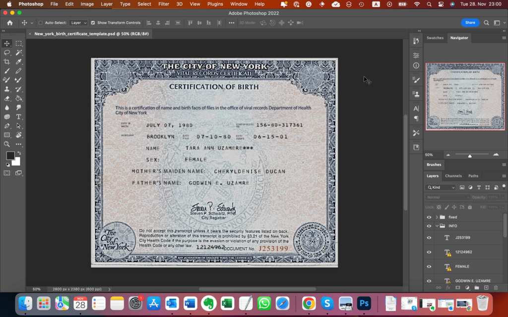 The Birth Certificate PSD template file opened in Adobe Photoshop