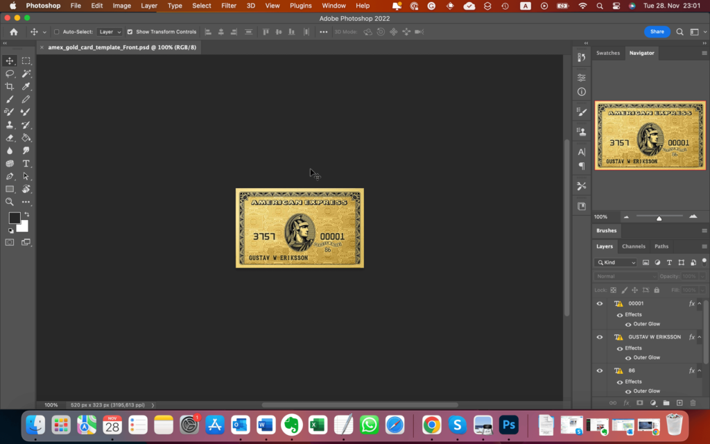 The Credit Card PSD template file opened in Adobe Photoshop
