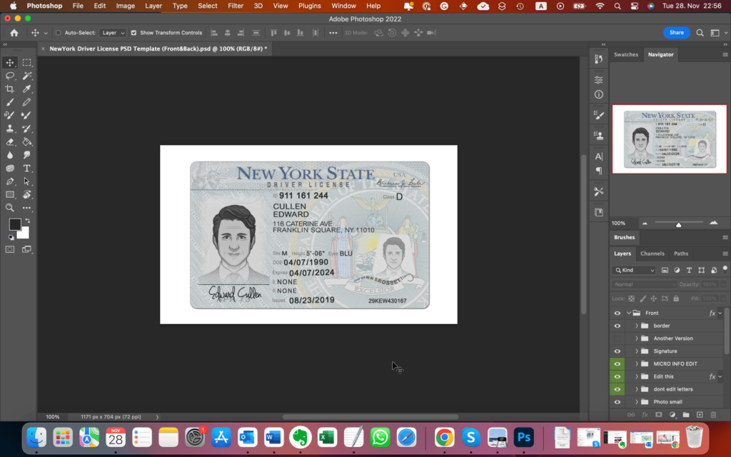 The Driver License PSD file opened in Adobe Photoshop