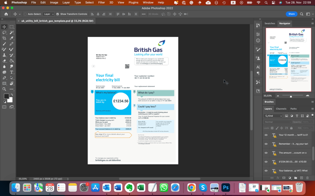 The Utility Bill PSD template file opened in Adobe Photoshop